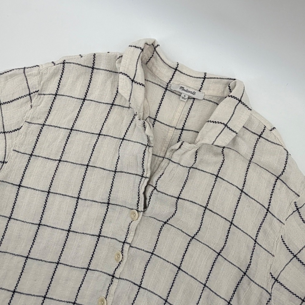 Madewell Button Up Women M Ivory Windowpane Linen Blend Short Sleeve Crop Top